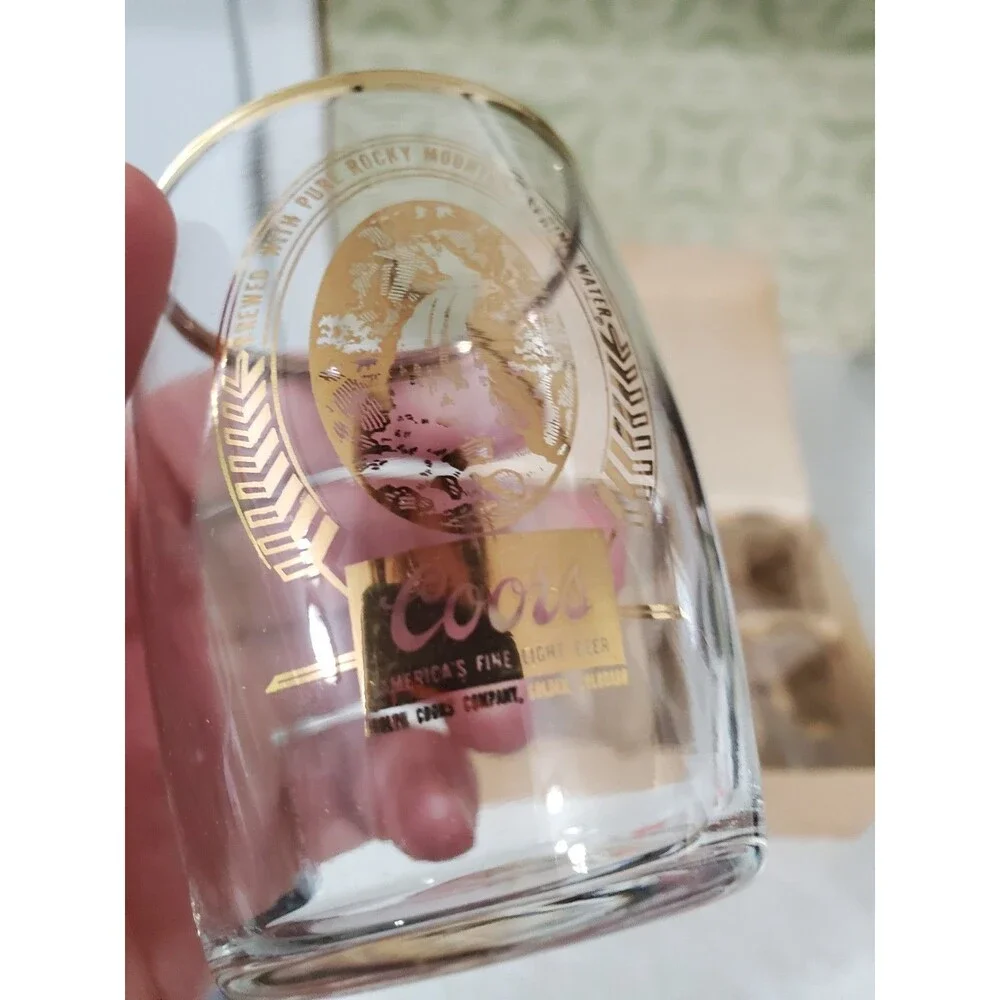 Vintage Bartlett Coors Beer Barrel Glasses Set 6 Gold Embossed Tumbler Boxed